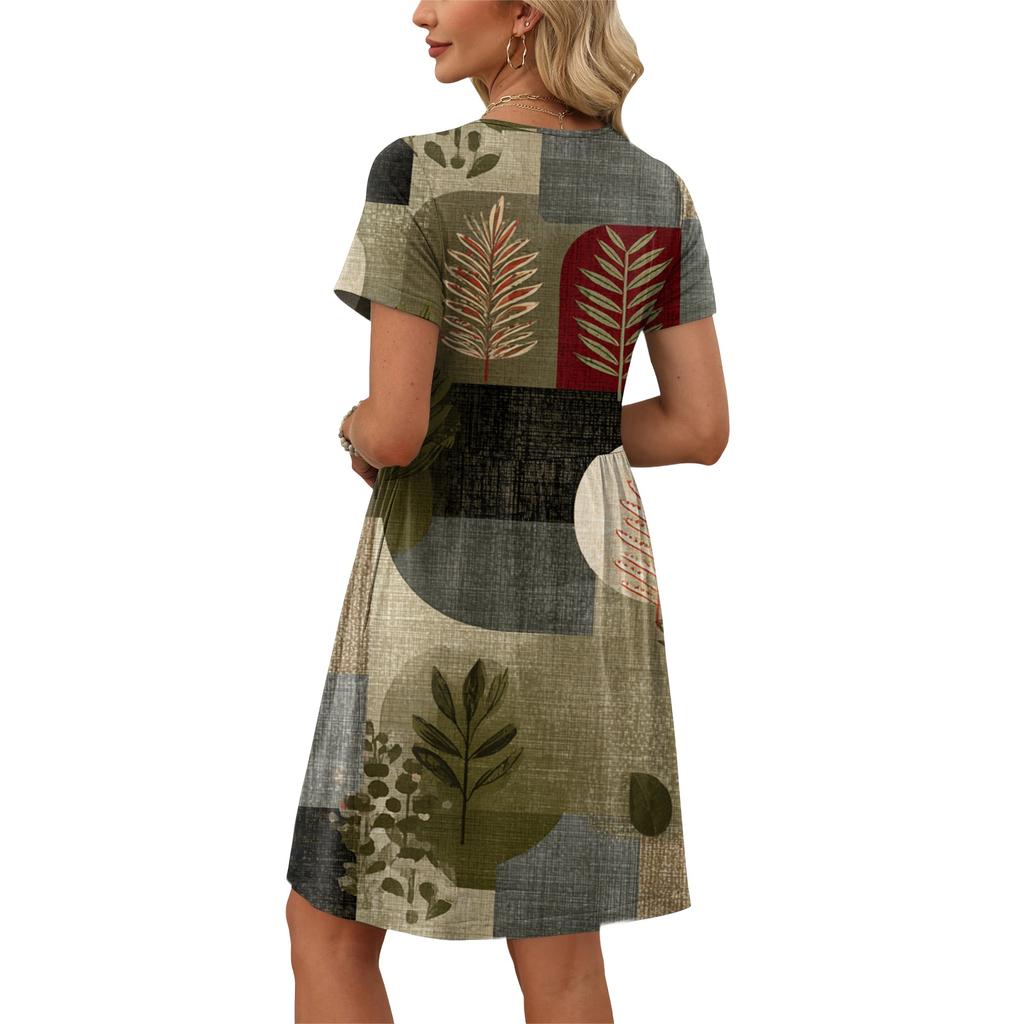 Vestido Casual Feminino de Manga Curta com Estampa Floral Retrô, Gola Redonda, Cinto na Cintura e Bolso