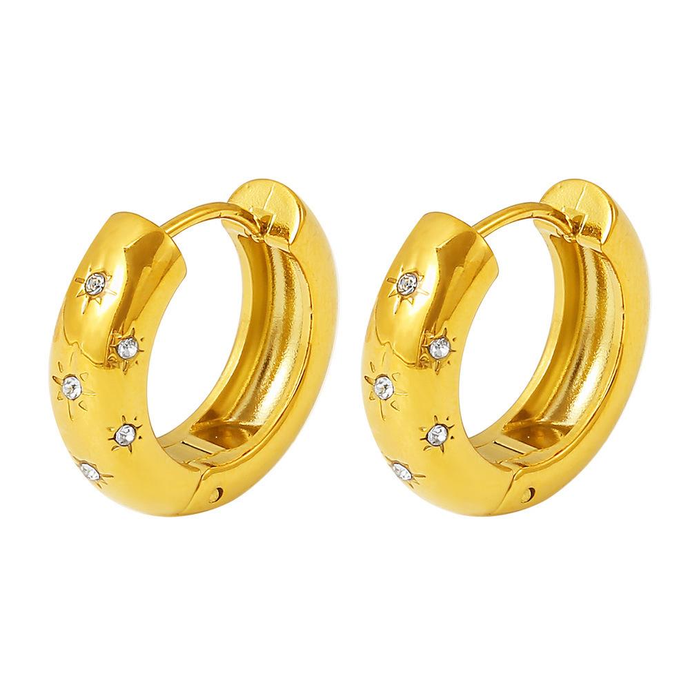 

French Retro Temperament Micro-diamond Set Round Octagram Titanium Steel Ear Ring Across 18K Real Gold Plain Ring Ear Buckle 2026