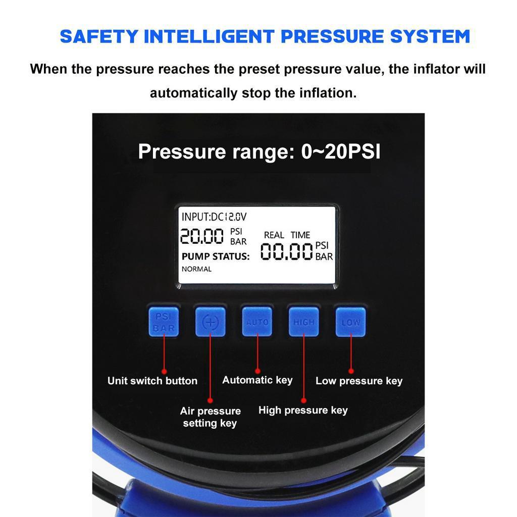 12V 20PSI 3.3ft high pressure Inflatable Electric Air Pump LCD Deflator Sup Boat Paddle Floor Mat