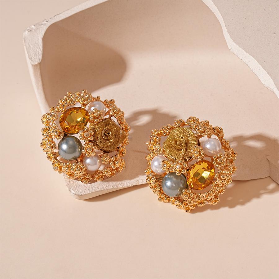 

Винтажные металлические серьги-пусеты из стерлингового серебра с цветком из страз и искусственного жемчуга - стиль французского двора для женщин