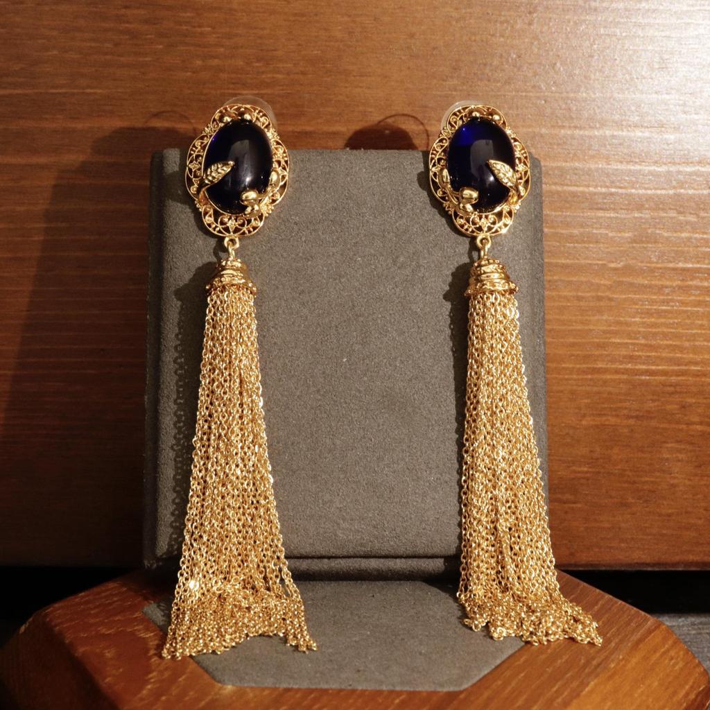 Vintage Blue Glass Tassel Earrings and Necklace Set - Luxurious High-End Jewelry