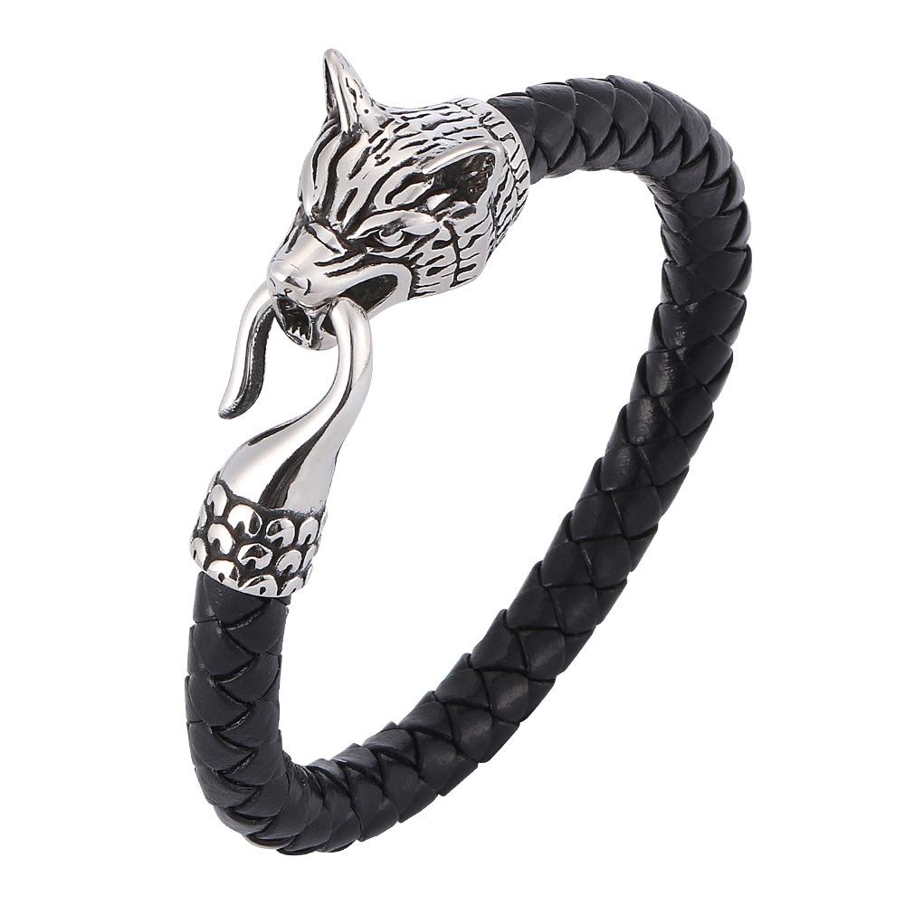 Stylish Wolf Head Braided Leather Bracelet