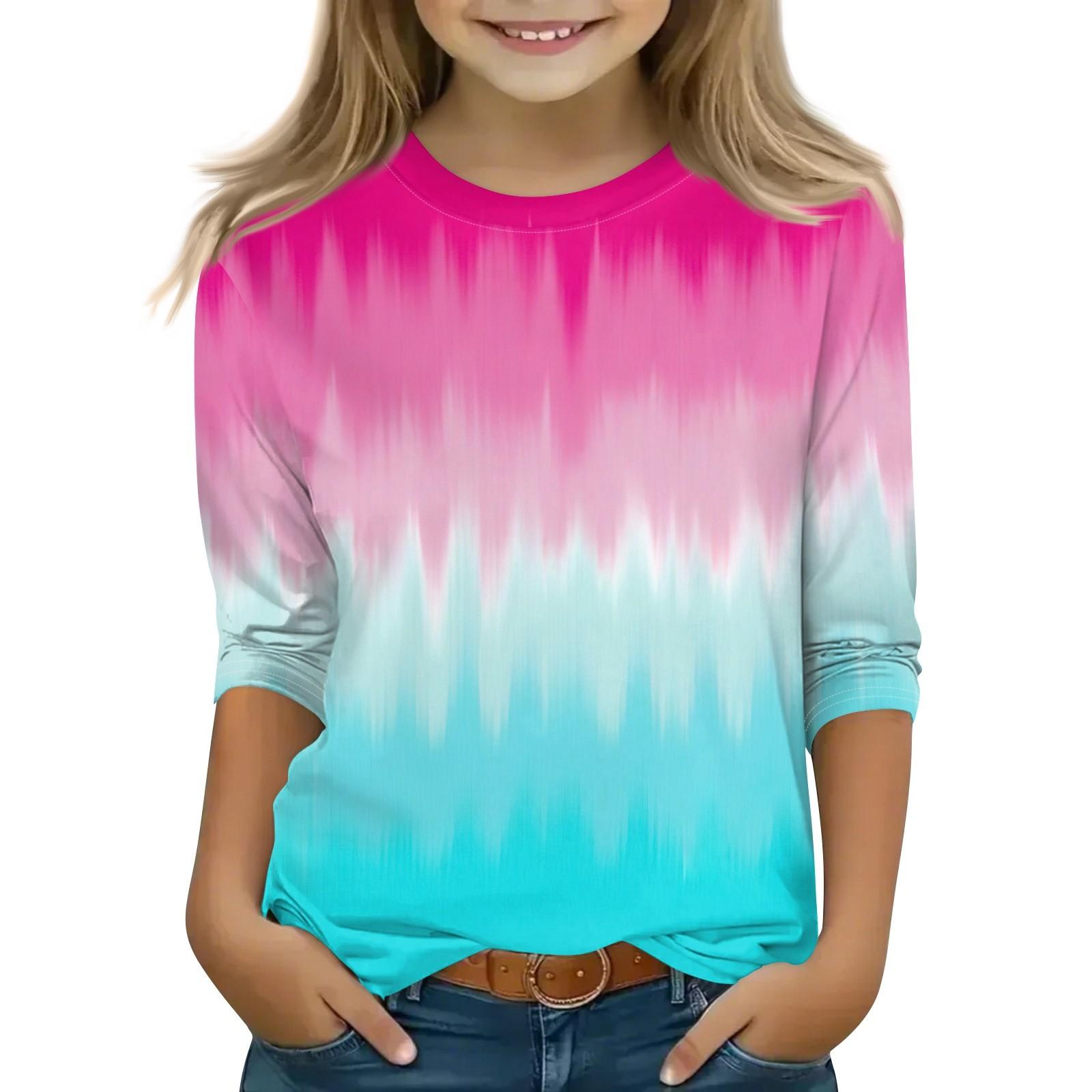 

Детская футболка с рукавом 3/4, повседневная футболка с принтом, круглый вырез, блузка-пуловер 160 горячий розовый