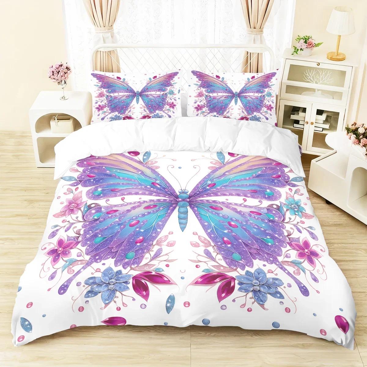 

3pcs pink floral butterfly pattern duvet cover set 1 duvet cover+2 pillowcases coreless. Soft and comfortable bedding set EU Twin(135x200cm)