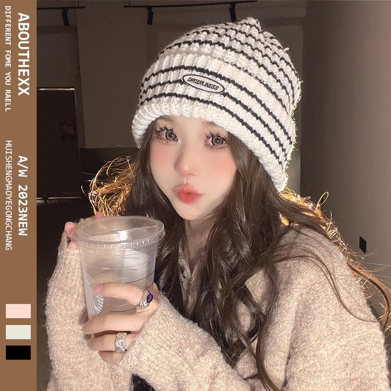 New Autumn and Winter Ins Big Head Knitted Hat Japanese Striped Wool Hat Korean Style Versatile Student Warm Hat Women