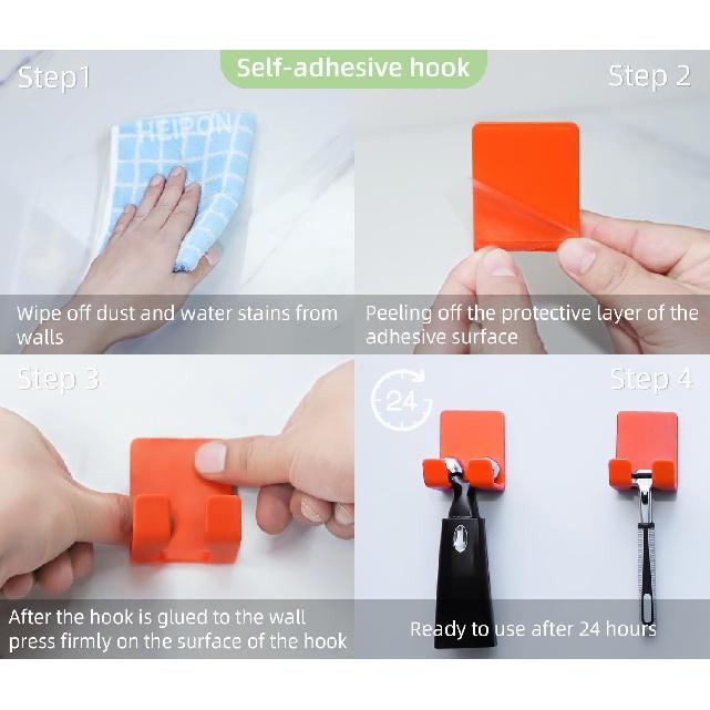 Razor Holder for Shower,Towel Hook,Kitchen Hook,Self-Adhesive,Non-Punching Installation,Bathroom Hook,ABS Plastic(Tangerine,2pcs)
