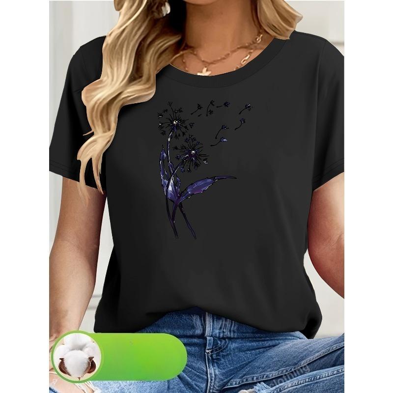 

Womens Floral Dandelion Print Tee Light Beige Round Neck Short Sleeve Relaxed Fit Breathable Soft Fabric Elegant Casual Spring Summer Fashion Blouse 4XL чорний