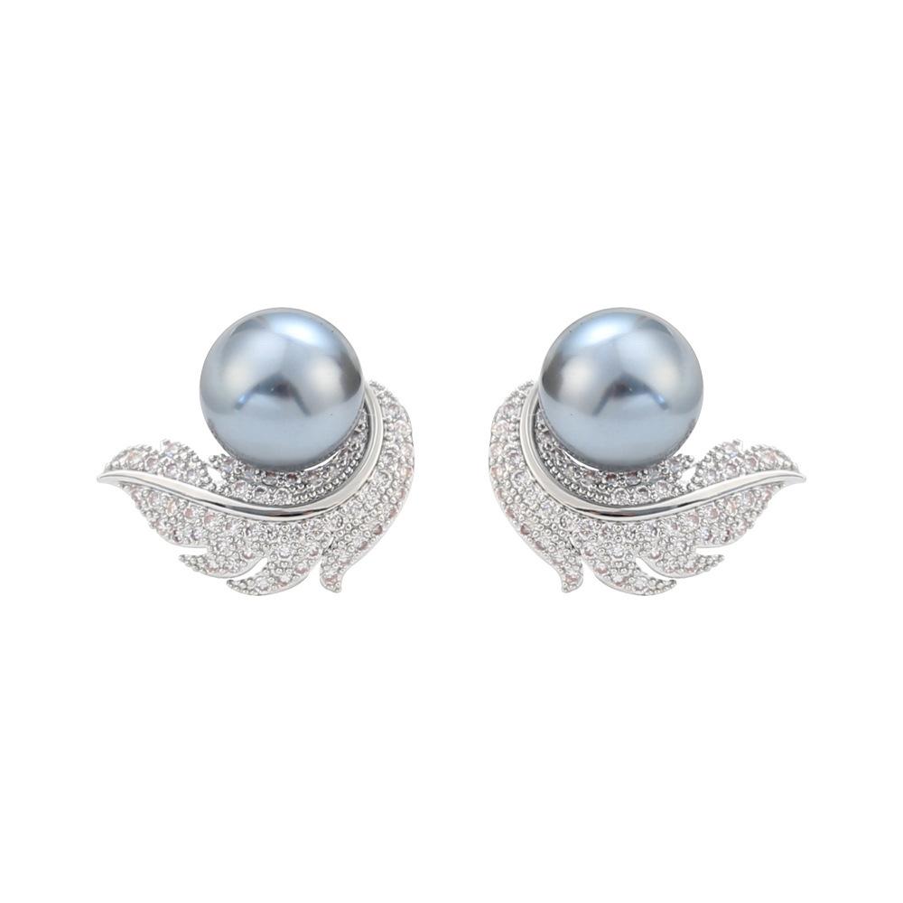 Pearl Stud Earrings High-end Zircon Feather Design Earrings Women's Fashion Light Luxury Earrings