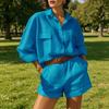 Damen Sommer 2-teilige Outfits Langarm Hemden mit Knöpfen und Shorts Set Lässige Urlaubs-Lounge-Sets