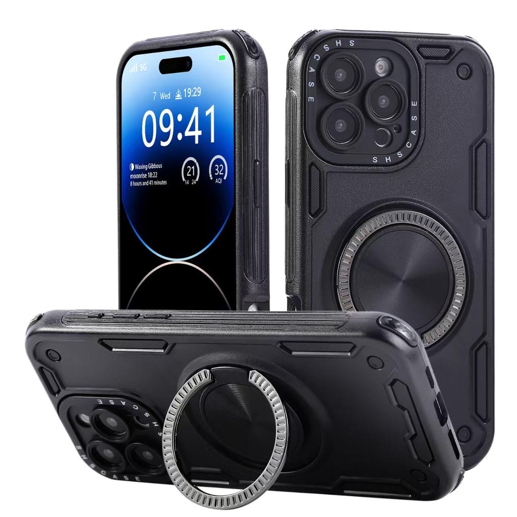 For iPhone 16 Pro Max Case Ring Kickstand PC+TPU Shockproof Phone Back Cover