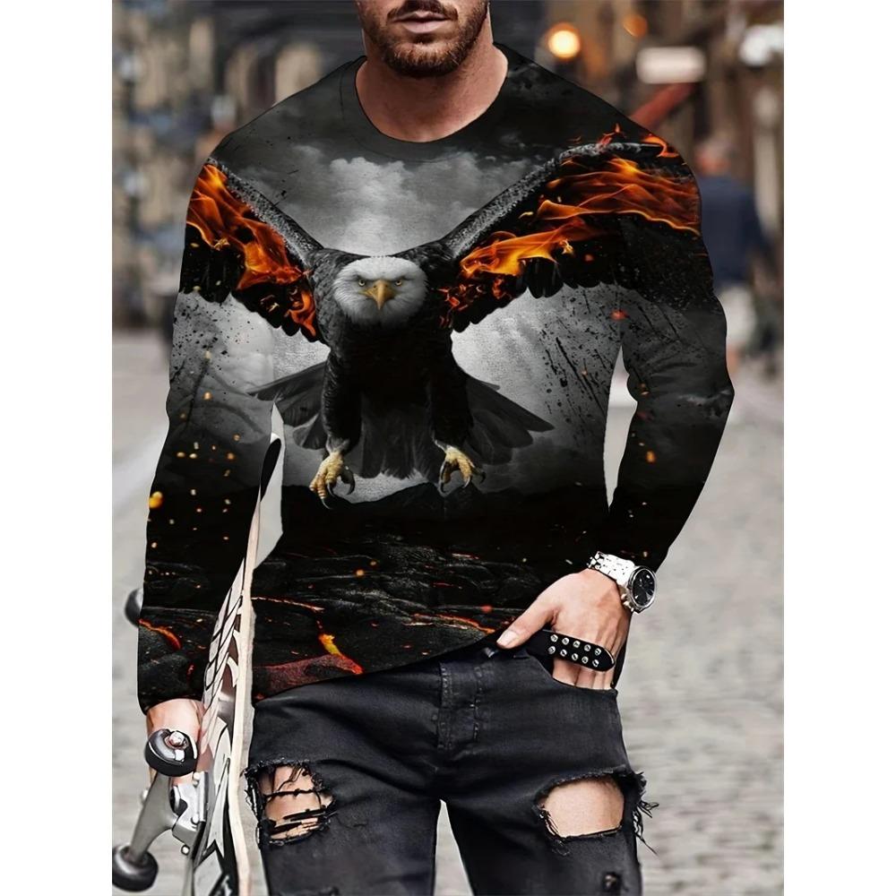Street trend 3D eagle print men's casual round neck long sleeved T-shirt