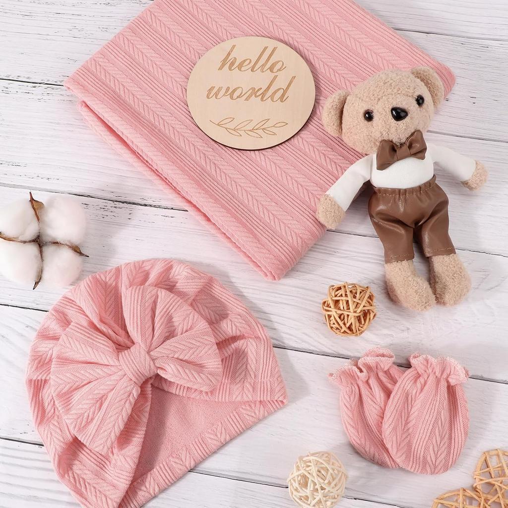Newborn Receiving Blanket with Bow Hat Mittens Wooden Card Set Wheat-Pattern Newborns Toddler Baby Boy Girl Nursery Swaddle Wrap