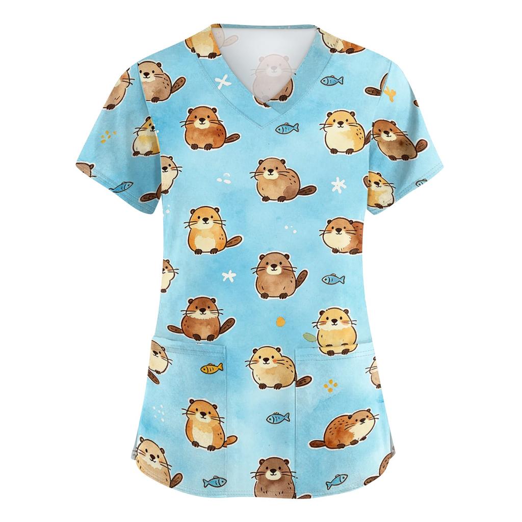 Women's V Neck Short Sleeve Work Shirt with Pockets Animal Print Top Medical Uniform Scrub Tee for Healthcare Professionals