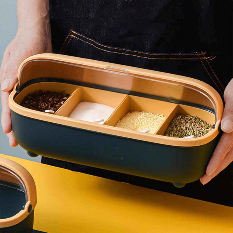Tapa Transparente a Prueba de Polvo Caja de Almacenamiento de Cocina Caja de Condimentos de 4 Compartimentos Fondo Calado