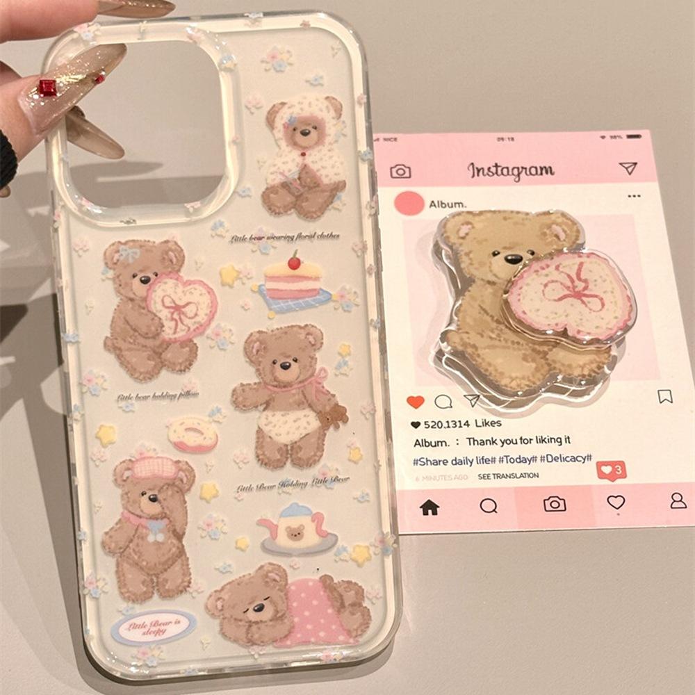 Korean High-end Floral Five Plush Brown Bear Stand for Apple 17 Phone Case for IPhone 16 Promax