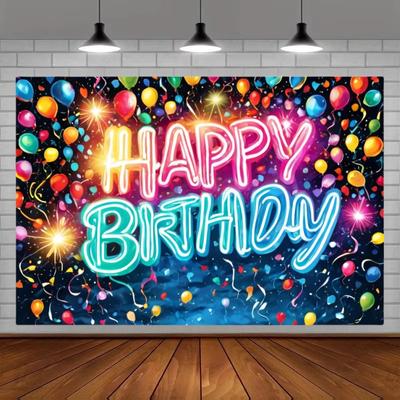 Fond d'écran néon joyeux anniversaire ballon lumineux éclaboussé bannière de fête d'anniversaire tissu coloré photographie de maison décorations de fête