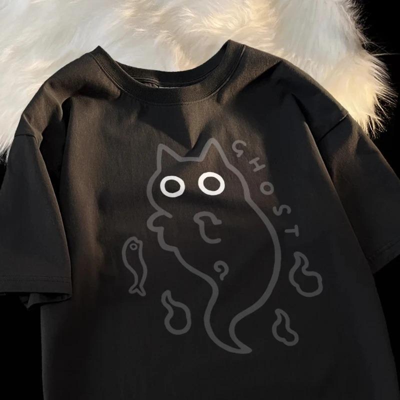 

Ghost Cat Loose Short Sleeved Tshirt for Women Original Japanese Fashion Couple Pure Cat Transparent Ghost Cat Tops S