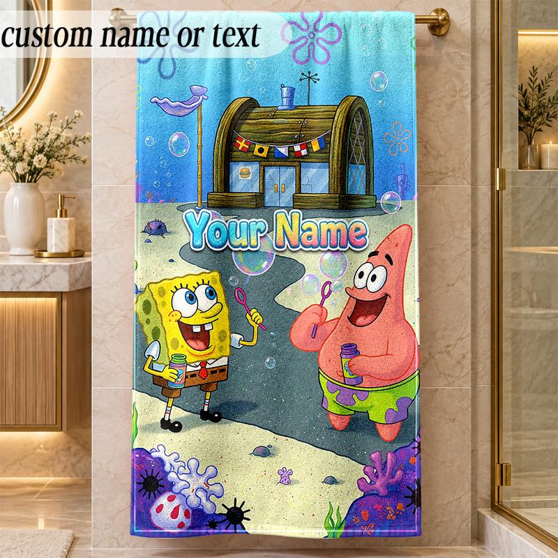 Beach TowelSpongeBob Custom Name Text Personalized Soft Towel for Beach Pool Indoor Home Decor Gift