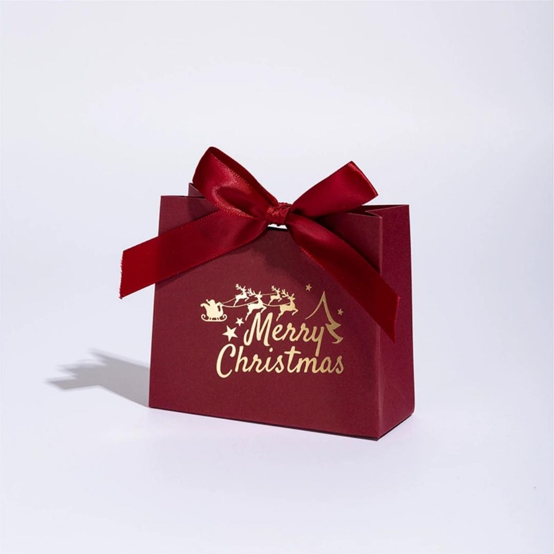 

Mini Merry Christmas Jewelry Gift Bags Party Favor Boxes With Bow Ribbon Paper Pouch Gold Foil Printed Candy Handbag For Xmas