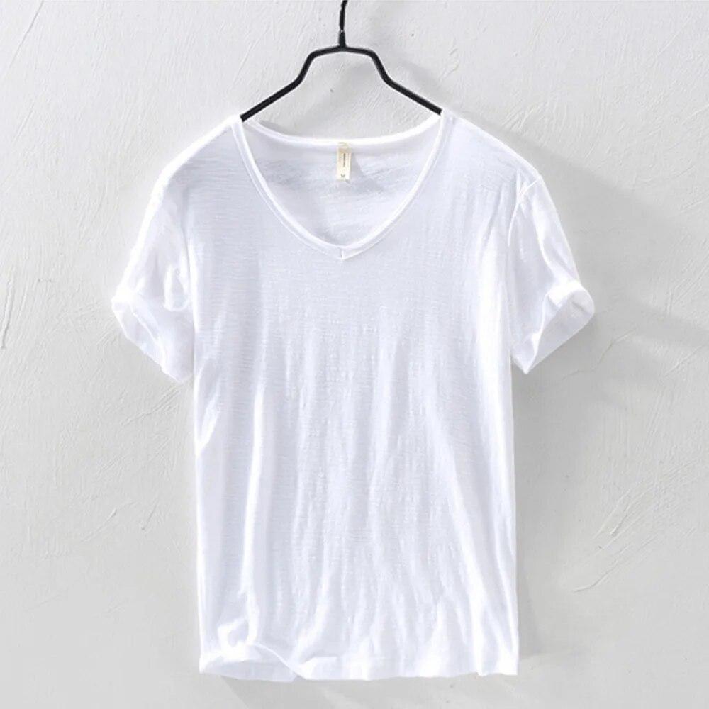 New Slim Fit Slub Cotton Pure Color V Collar Short Sleeved Tops Tees Men T-Shirt Multi-color Man T-Shirts Fitness