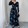 spring autumn women Party Evening Dress Fashion A-Line Casual loose Butterfly print elegant Dresses belt Maxi bodycon dress lady