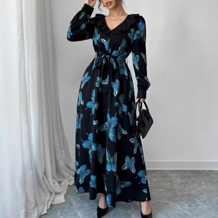 spring autumn women Party Evening Dress Fashion A-Line Casual loose Butterfly print elegant Dresses belt Maxi bodycon dress lady
