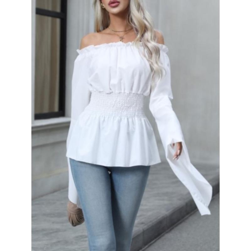 Módní Elegantní Dámská Blůza s Odkrytými Rameny Dlouhý Rukáv Plisovaná Slim Fit Elastický Pás Košile Kancelářský Streetwear Ležérní Jednoduché Sladké Jednobarevné Topy