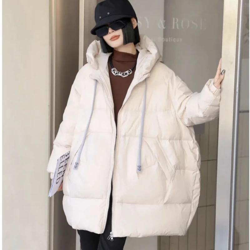Lagabogy Mid-length Puffer Coat Casual Winter Women Loose Thick White Duck Down Jacket Female Solid Windproof Hooded Parkas