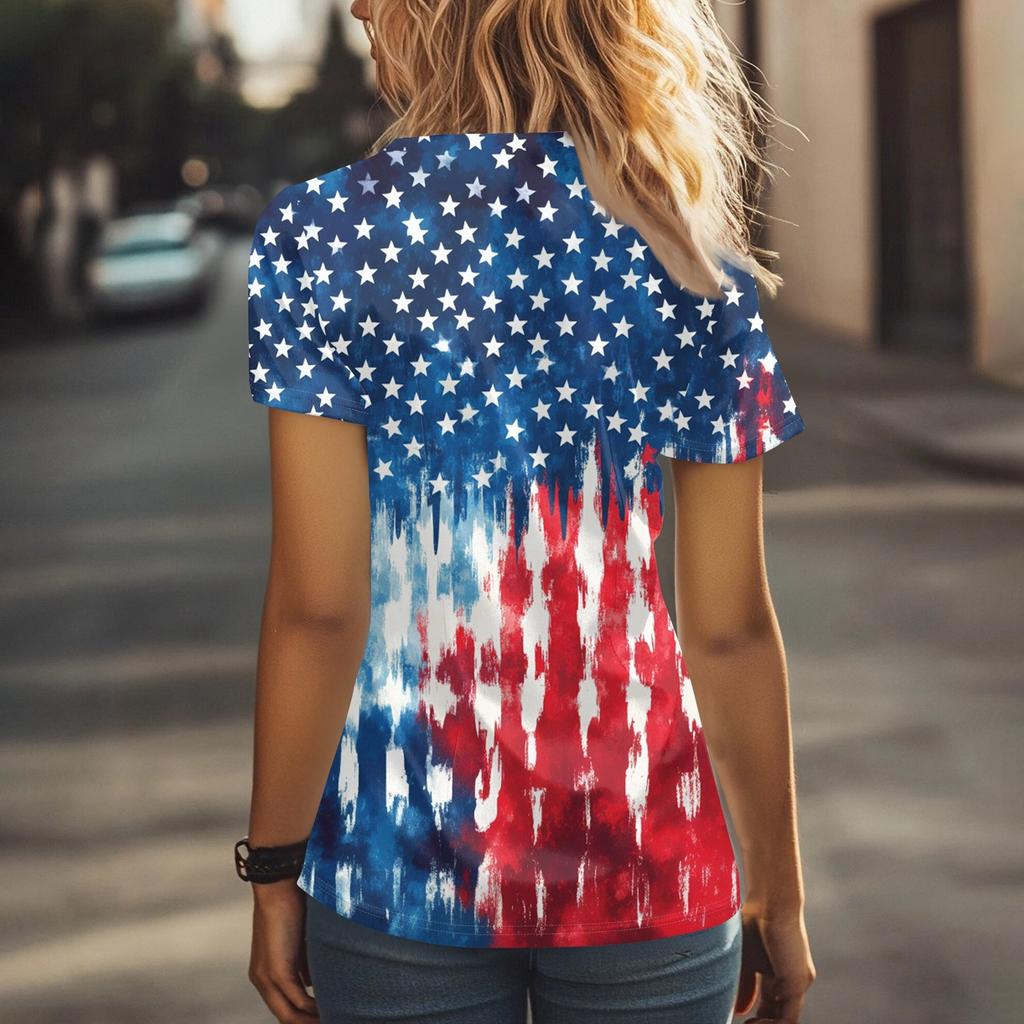 Women's Short Sleeve Stagger V Neck  Print Pocket Dry-nurse Top