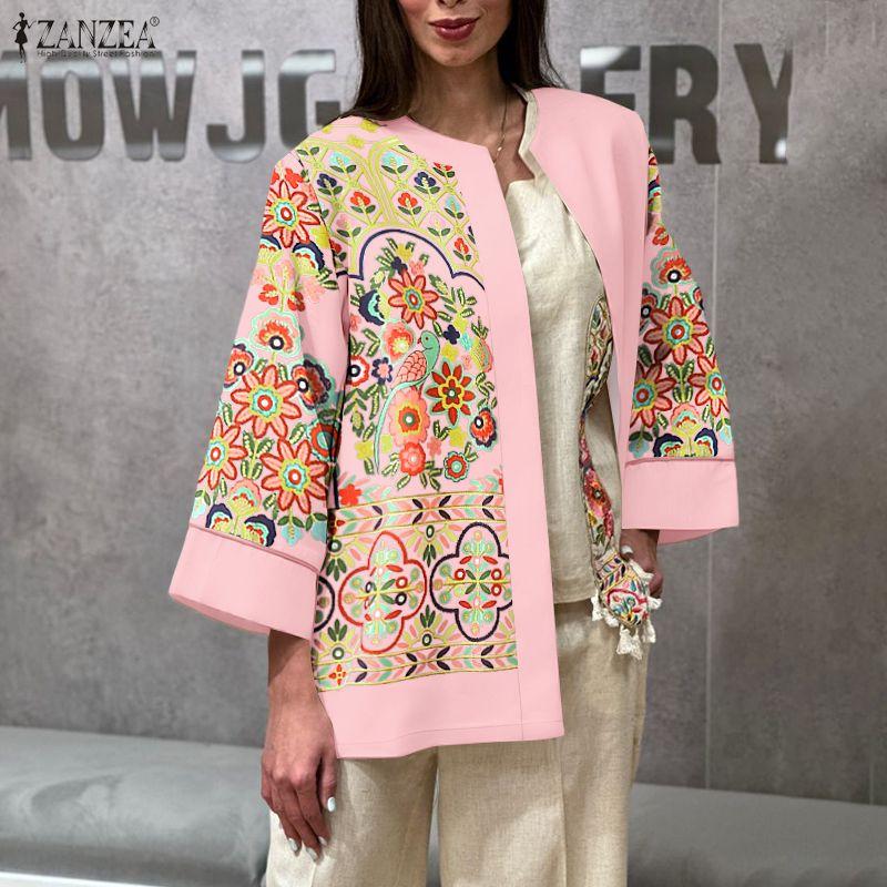 ZANZEA Women Casual Floral Print Loose Long Sleeve Cardigan Blouse