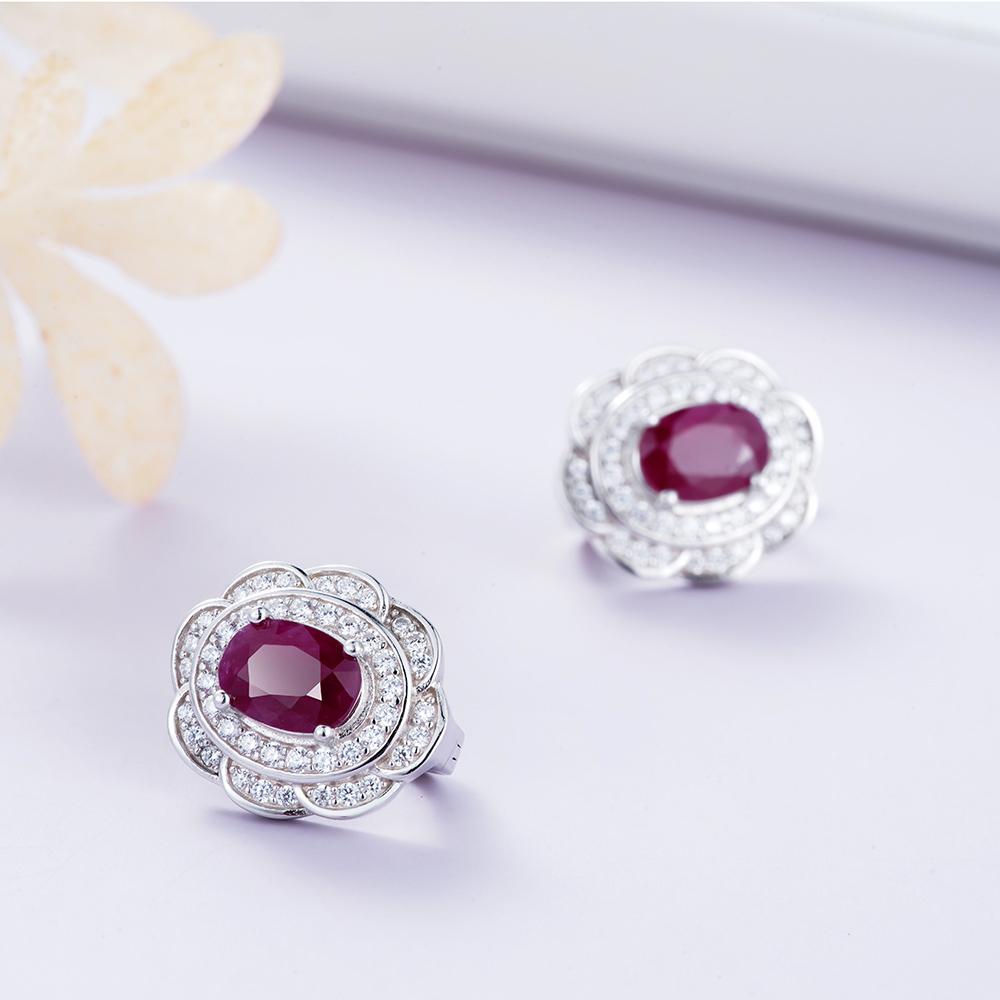 Flower design Natural longrido ruby Ring Earrings Pendant Necklace Set 925 sterling silver jewelry for women's daily party gifts