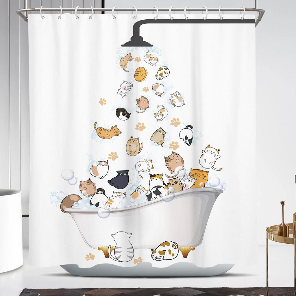 Cute Cat Shower Curtain for Kids Children Funny Fun Cartoon Kitty Animal Pattern Hilarious Girls Colorful Long Wide Pets Paw