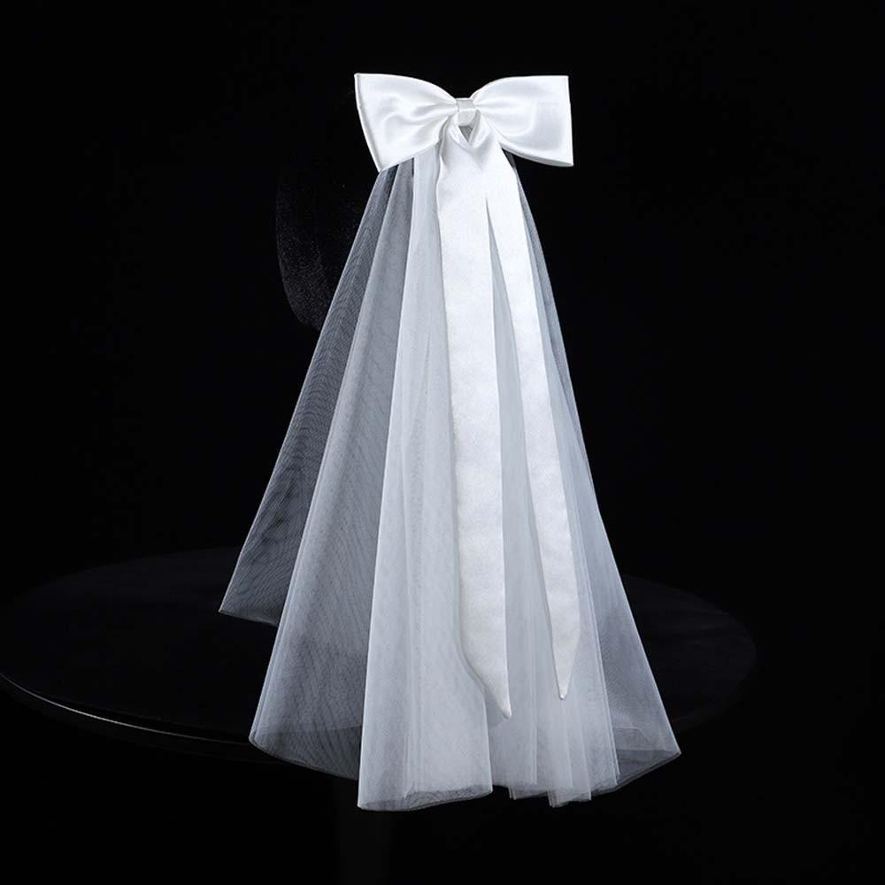 Single Layer Bride's White Headgear Romantic Bridal Headdress Elegant Long Satin Bow Veil  Wedding