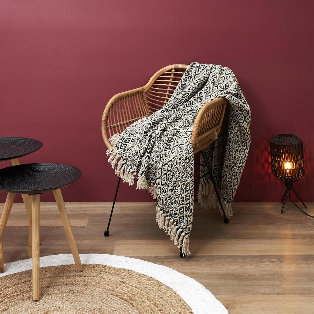 Ethnische Bettdecke 120x150 cm Schwarz-Weiß mit Fransen