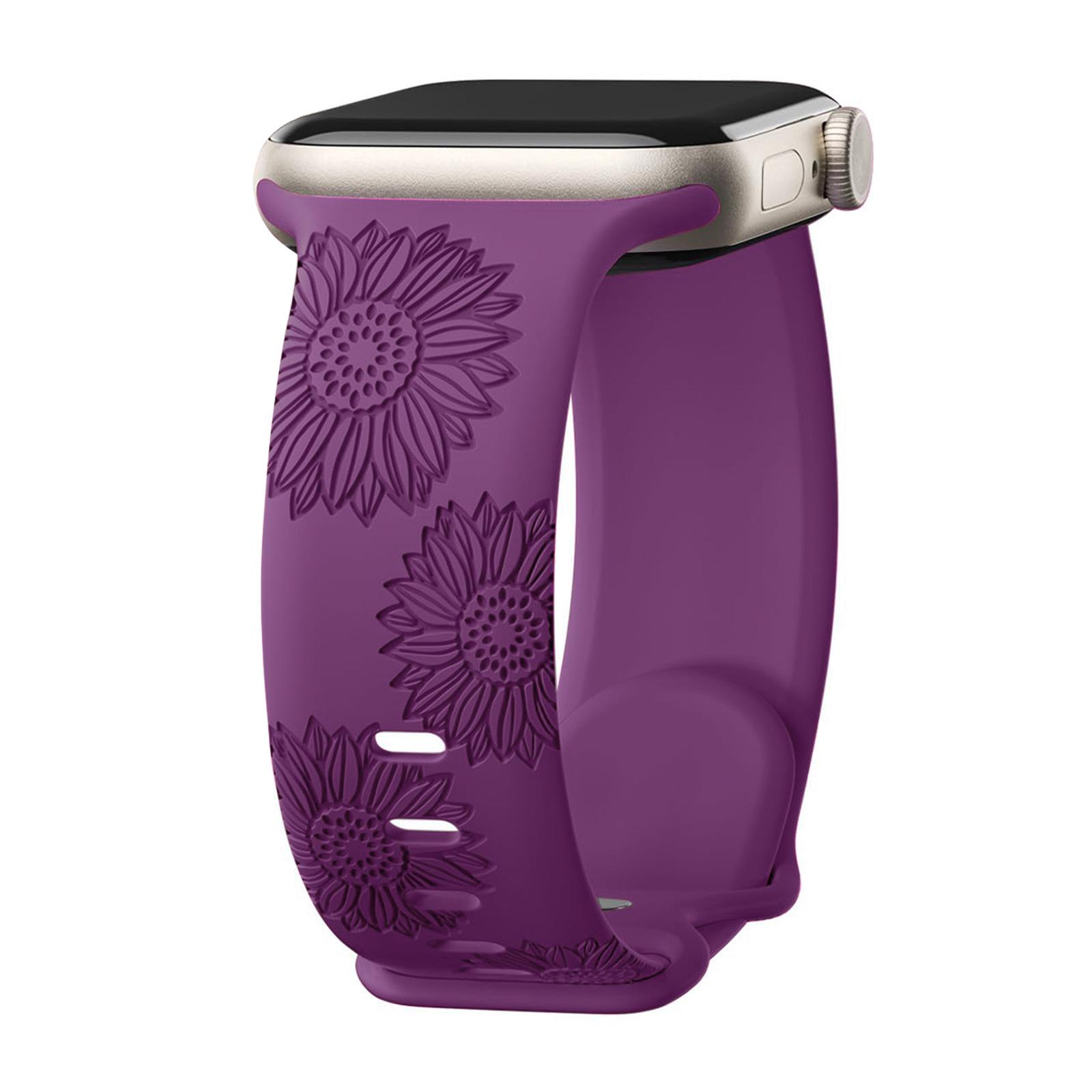 Lasergraviertes Sonnenblumen-Silikon-Uhrenarmband für Apple iWatch - Wasserdicht mit Achter-Schnalle 38/40/41mm (Series 1-9), 42mm (Series 10) dunkelviolette