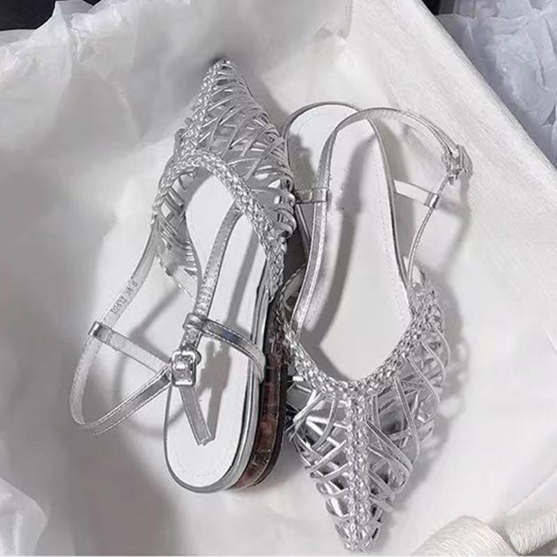 Fashion Elegant Green Openwork Woven Women Pumps Sexy Pointed Toe Square Heel Flat Sandals for Women Summer Fashion Comfort Beach Shoes
