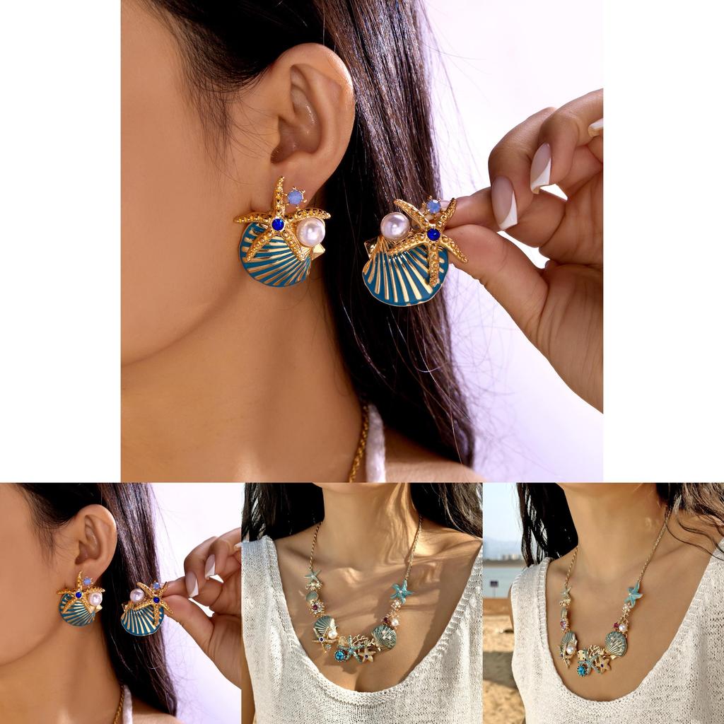 Ocean Starfish Necklace And Bracelet Set With Zinc Alloy Charm For Summer Fashion Women