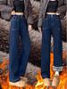 Fleece-Lined High-Waisted Women's Denim Blue Wide-Leg Jeans