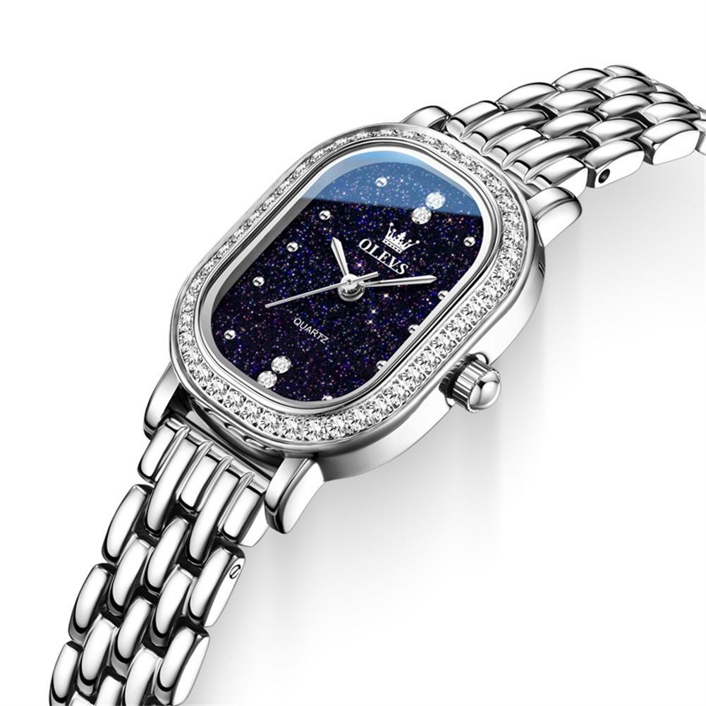 OLEVS Damen Quarzuhr Ovales Diamantlünetten-Sternenhimmel-Zifferblatt Edelstahlarmband Damen Mode Armbanduhr Weibliches Geschenk