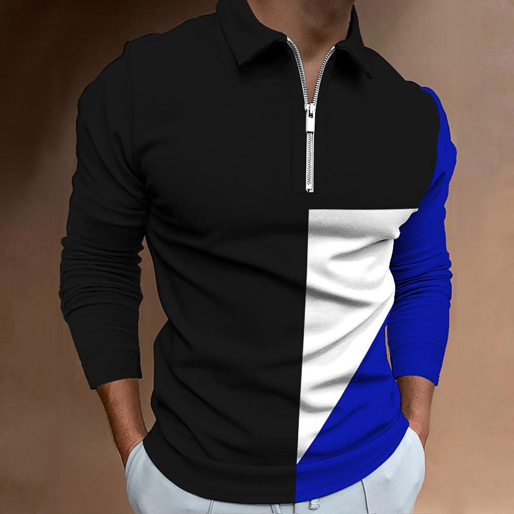 Mens Color Block Zipper Casual Slim Fit Long Sleeve Polo Shirt