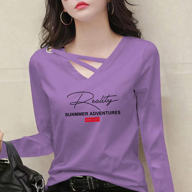 

Women s 100% Cotton V-Neck Long Sleeve Top - New Korean Style Casual Fashion for Spring/Autumn 2025 2XL