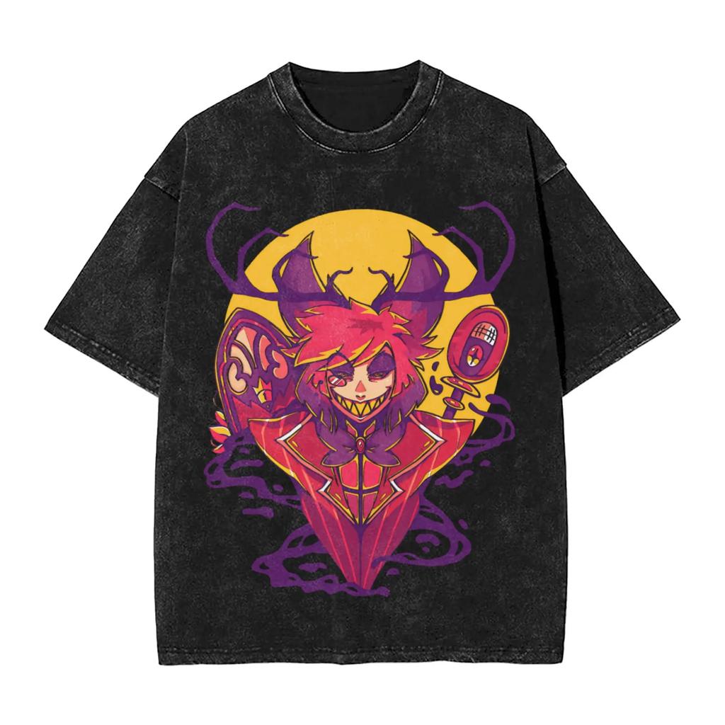American Anime Hazbin Hotel Graphic T-shirt Washed Oversized Y2k Men Women Short Sleeve Casual Cotton Tee Crew Neck Clothing Female Male Tee Shirts