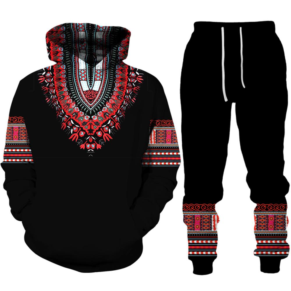 Afrikanischer Dashiki-Hoodie/Anzug für Herren, lässig, 3D-gedruckt, Ethno-Stil, Sweatshirt, Hose, Set für Herren/Damen, Folk-Custom Streetwear-Trainingsanzug