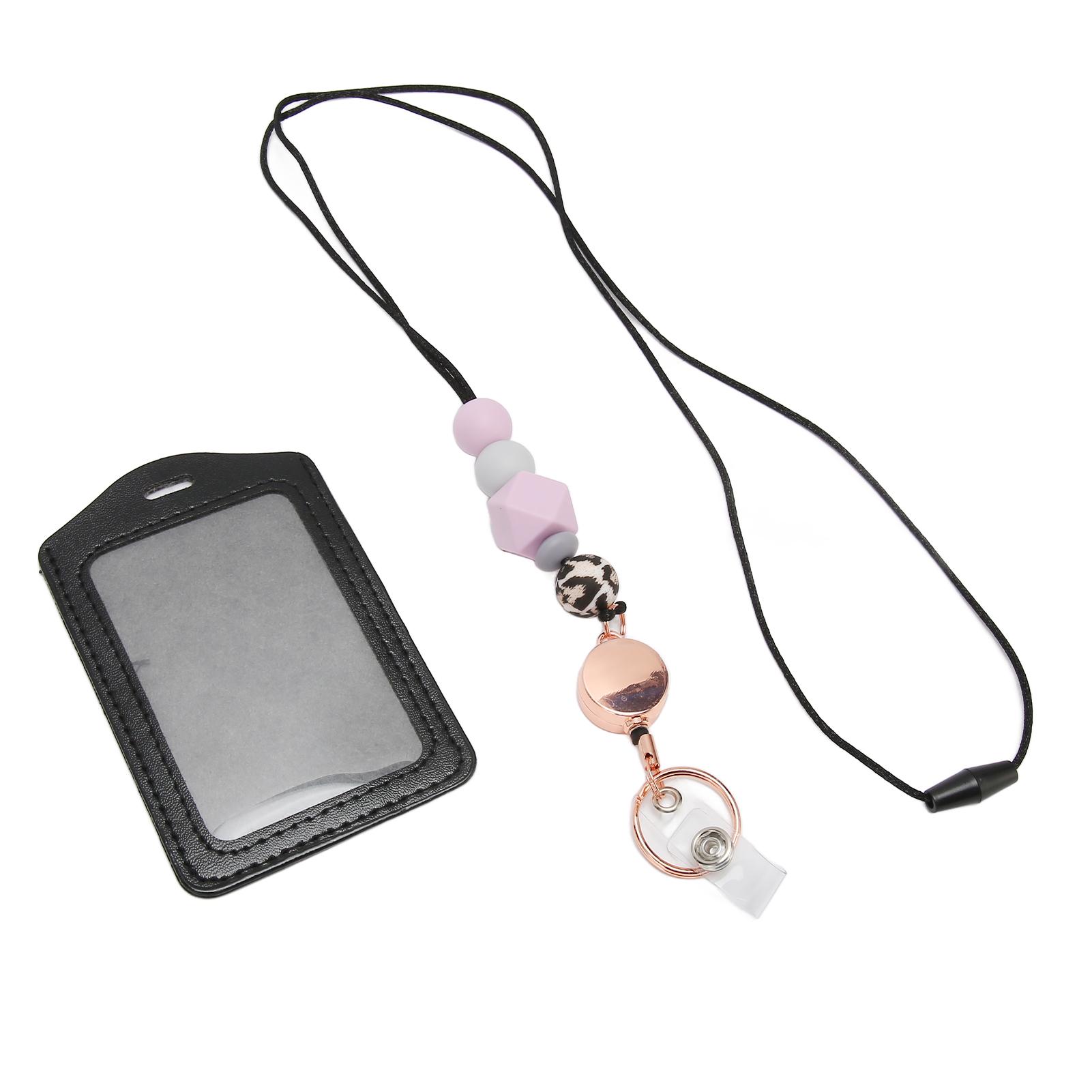 

Силиконовый выдвижной шнурок с бусинами и прозрачным держателем удостоверения личности, многоцелевой держатель бейджа для фиолетовый