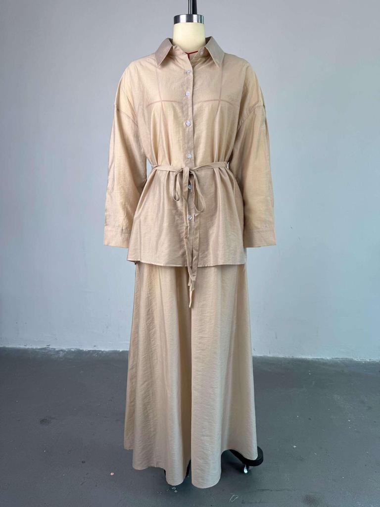 European & American Women's Spring/Summer 2025 Fashion: Loose Turn-down Collar Long-Sleeve Shirt & High-Waist Midi Skirt Set