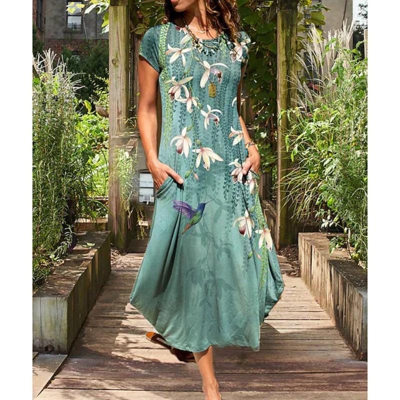 

Женская мода лето весна однотонный принт с коротким рукавом и круглым вырезом с высокой талией повседневные платья XXXXXL зелёный