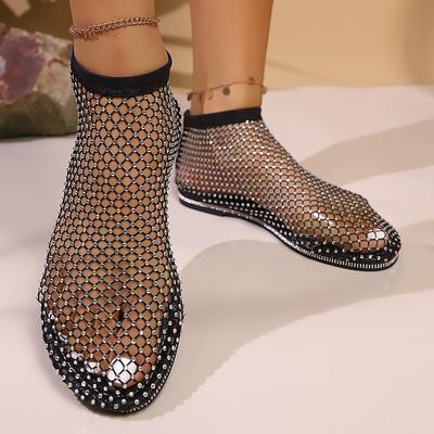 Women's New Luxury Brand Round Toe Flat Bottom Sandals Hollow Short Boots Water Diamond Sexy Flat Bottom Shoes