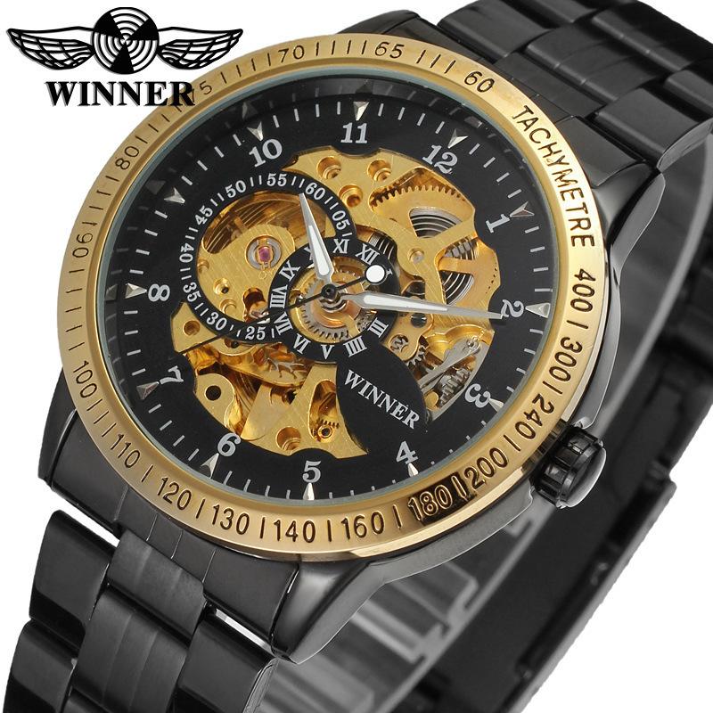 Herren Stahlarmband Modeuhr Winner Mechanische Uhr, Blaues Glas Skelett Automatische Mechanische Uhr