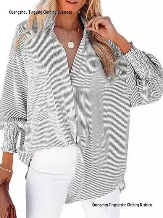 Striped Long-Sleeve Loose Casual Women's Pocket Shirt