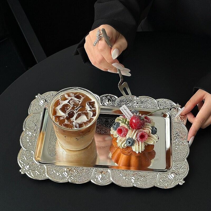 Metal European Retro Carved Silver Tray Cafe Bread Plate Cake Plate Silver Rectangular Dessert Plate